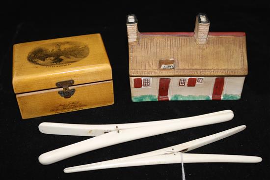 A Willows Art china Langton porcelain model of Robert Burns cottage; a Mauchlineware box and 2 Edwardian glove stretchers